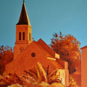 Painting titled "EGLISE DE VILLECRES…" by Stephanie Ledroit, Original Artwork, Acrylic Mounted on Wood Stretcher frame