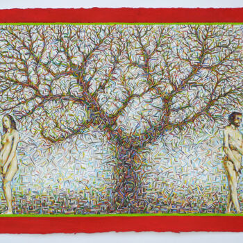 Peinture intitulée "Tree with man and w…" par Stephen Grossman, Œuvre d'art originale, Gouache