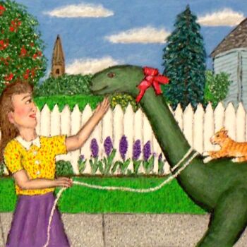Malerei mit dem Titel "Pet Dinosaur" von Stephen Warde Anderson, Original-Kunstwerk, Acryl Auf Andere starre Platte montiert