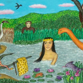 Painting titled "Prehistoric Bathing" by Stephen Warde Anderson, Original Artwork, Acrylic Mounted on Other rigid panel