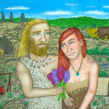 Malerei mit dem Titel "Neanderthal Love" von Stephen Warde Anderson, Original-Kunstwerk, Acryl Auf Andere starre Platte mont…