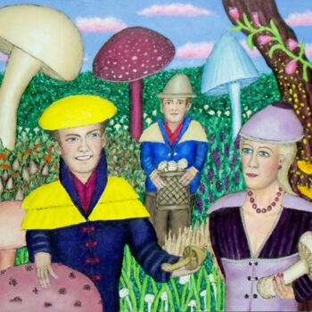 Painting titled "Collecting Mushrooms" by Stephen Warde Anderson, Original Artwork, Acrylic Mounted on Other rigid panel