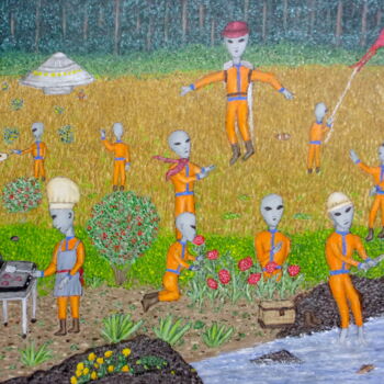 Painting titled "Gray Aliens Take a…" by Stephen Warde Anderson, Original Artwork, Acrylic Mounted on Other rigid panel