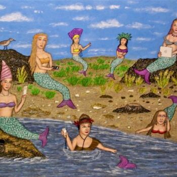 Painting titled "Mermaids Go Hi-Tech" by Stephen Warde Anderson, Original Artwork, Acrylic Mounted on Other rigid panel