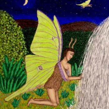 Painting titled "Luna Moth Fairy" by Stephen Warde Anderson, Original Artwork, Acrylic Mounted on Other rigid panel