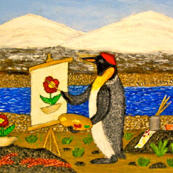Painting titled "Penguin Painter" by Stephen Warde Anderson, Original Artwork, Acrylic Mounted on Other rigid panel