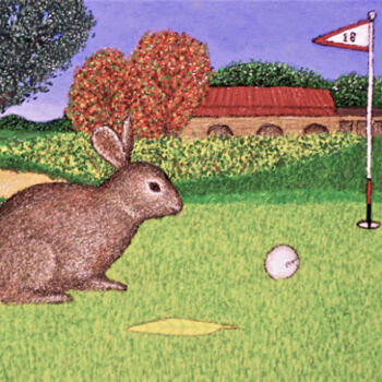 Painting titled "Bunny on the 18th G…" by Stephen Warde Anderson, Original Artwork, Acrylic Mounted on Other rigid panel