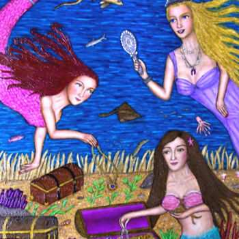 Painting titled "Mermaids Find a Tre…" by Stephen Warde Anderson, Original Artwork, Acrylic Mounted on Other rigid panel