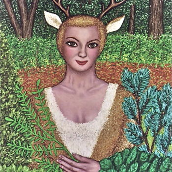 Painting titled "Deer Goddess" by Stephen Warde Anderson, Original Artwork, Acrylic Mounted on Other rigid panel