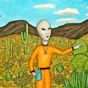Painting titled "Gray Alien Explores…" by Stephen Warde Anderson, Original Artwork, Acrylic Mounted on Other rigid panel