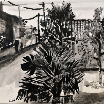 Zeichnungen mit dem Titel "Square with Palm an…" von Stephen West, Original-Kunstwerk, Tinte
