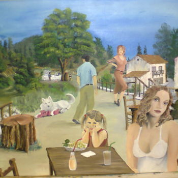 Ζωγραφική με τίτλο "Ο Ρηγας στο καφενει…" από Christos Sterniotis, Αυθεντικά έργα τέχνης, Λάδι