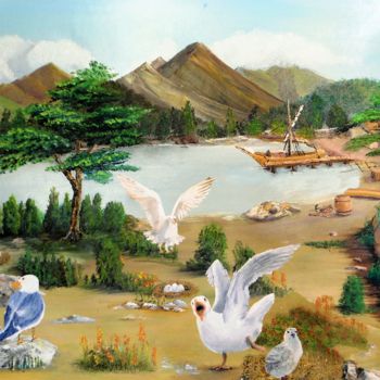 Painting titled "gull colony-αποικια…" by Christos Sterniotis, Original Artwork, Oil