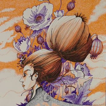 Drawing titled "Fleur de Pavot" by Stetiar, Original Artwork, Ink