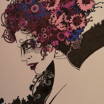 Drawing titled "La femme aux fleurs" by Stetiar, Original Artwork, Ink