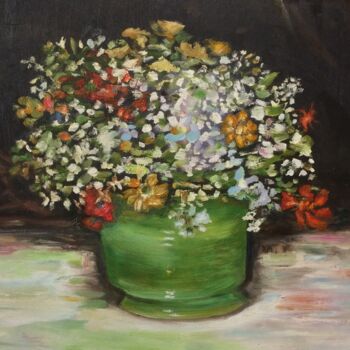 Painting titled "Flowers in a green…" by Steve Phillips, Original Artwork, Oil Mounted on Wood Stretcher frame