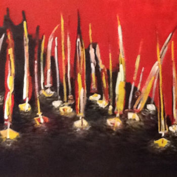 Peinture intitulée "Boats in the red bay" par Steve Soobben, Œuvre d'art originale, Huile