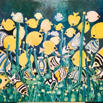 Картина под названием "Les poissons jaunes" - Steve Soobben, Подлинное произведение искусства, Масло