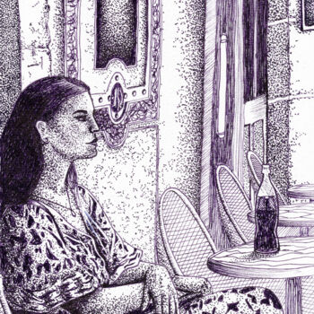 Dibujo titulada "Femme à la terrasse…" por Steyff, Obra de arte original, Tinta