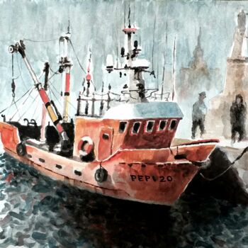 Painting titled "Barco en el puerto" by Stjepan Lezaic (Pepi), Original Artwork, Watercolor