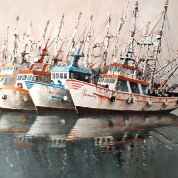 Schilderij getiteld "Calma en el puerto" door Stjepan Lezaic (Pepi), Origineel Kunstwerk, Aquarel