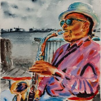 Картина под названием "Saxophone player on…" - Stoyanka Nikolova, Подлинное произведение искусства, Акварель