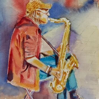 Pittura intitolato "Saxophone player on…" da Stoyanka Nikolova, Opera d'arte originale, Acquarello