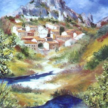 Peinture intitulée "village des Corbièr…" par Géraldine Streichert, Œuvre d'art originale, Huile