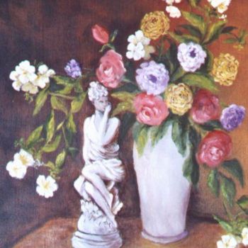 Peinture intitulée "statuette et fleurs" par Géraldine Streichert, Œuvre d'art originale, Huile