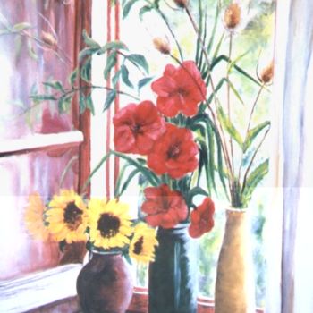 Peinture intitulée "fleurs devant la fe…" par Géraldine Streichert, Œuvre d'art originale, Huile