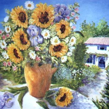 Peinture intitulée "iris et tournesols" par Géraldine Streichert, Œuvre d'art originale