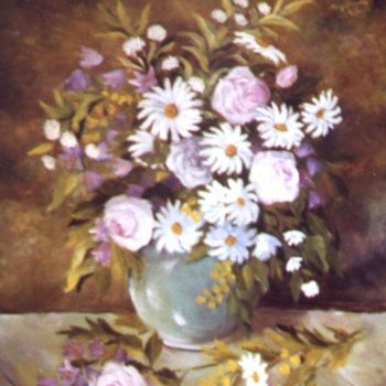 Peinture intitulée "roses et marguerites" par Géraldine Streichert, Œuvre d'art originale, Huile