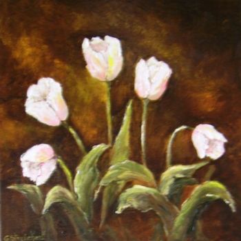 Painting titled "cinq tulipes" by Géraldine Streichert, Original Artwork, Oil