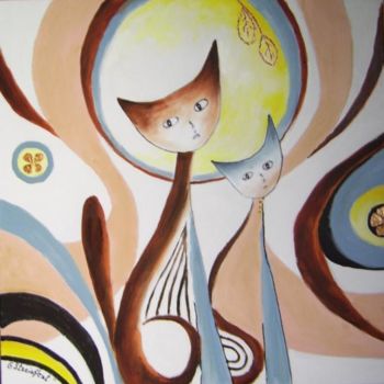 Malerei mit dem Titel "les chats" von Géraldine Streichert, Original-Kunstwerk, Öl