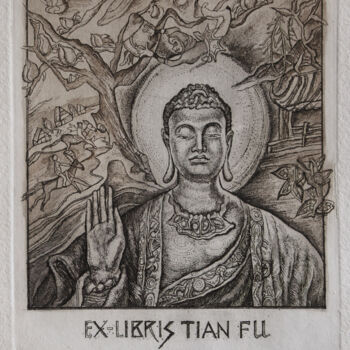 Incisioni, stampe intitolato "Buddha, Ex Libris" da Leonid Stroganov, Opera d'arte originale, Acquaforte