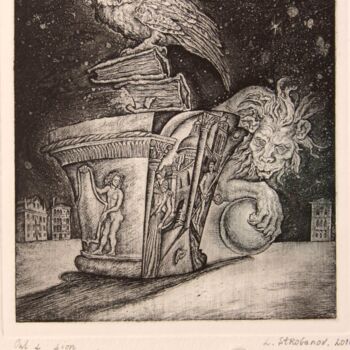Incisioni, stampe intitolato "Owl and Lion" da Leonid Stroganov, Opera d'arte originale, Acquaforte