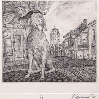 Gravures & estampes intitulée "Dog in the Viborg-c…" par Leonid Stroganov, Œuvre d'art originale, Eau-forte