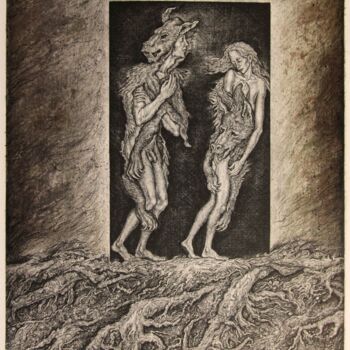 Prenten & gravures getiteld "Adam and Eve" door Leonid Stroganov, Origineel Kunstwerk, Ets