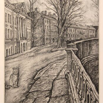 Printmaking titled "Cat on the river. S…" by Leonid Stroganov, Original Artwork, Etching