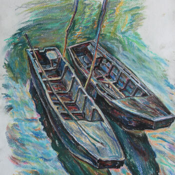 Tekening getiteld "Boats. Summer" door Leonid Stroganov, Origineel Kunstwerk, Pastel