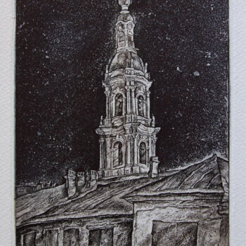 「Bell tower」というタイトルの製版 Leonid Stroganovによって, オリジナルのアートワーク, エッチング