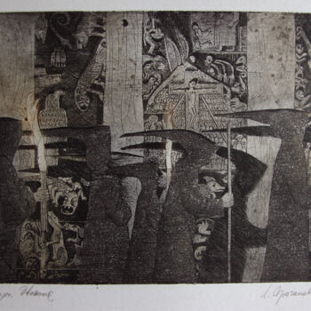Printmaking titled "Monks. Motion" by Leonid Stroganov, Original Artwork, Etching