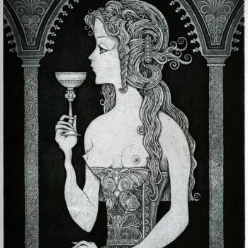 Druckgrafik mit dem Titel "GIRL WITH GLASS" von Sergei Trubin, Original-Kunstwerk, Radierung
