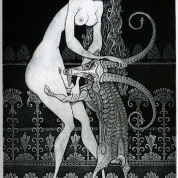 Druckgrafik mit dem Titel "GIRL WITH GOAT" von Sergei Trubin, Original-Kunstwerk, Radierung
