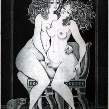 Druckgrafik mit dem Titel "GIRLFRIENDS" von Sergei Trubin, Original-Kunstwerk, Radierung