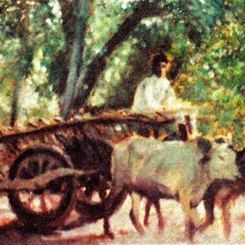 Painting titled "Bullock cart" by Studiocosmicmandala, Original Artwork, Oil