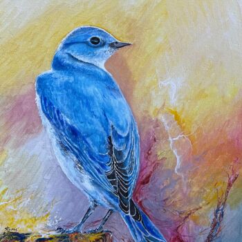 Painting titled "L'oiseau bleu" by Styvens Chalot, Original Artwork, Oil Mounted on Wood Stretcher frame