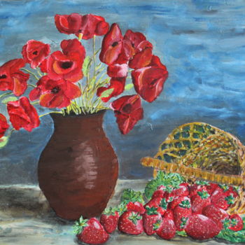 Painting titled "Fraises et coquelic…" by Francois Suard, Original Artwork, Acrylic