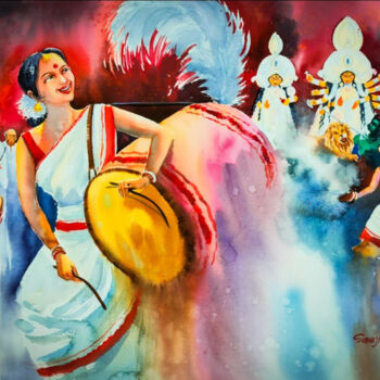 Schilderij getiteld "Rhythm of Dhak.. Du…" door Subhajit Paul, Origineel Kunstwerk, Aquarel
