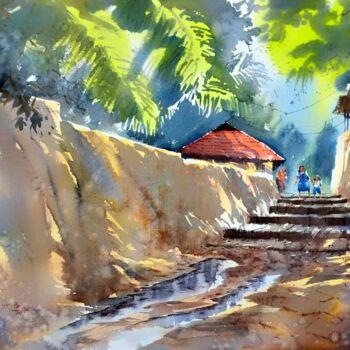 Painting titled "Towards school VII" by Subhajit Paul, Original Artwork, Watercolor